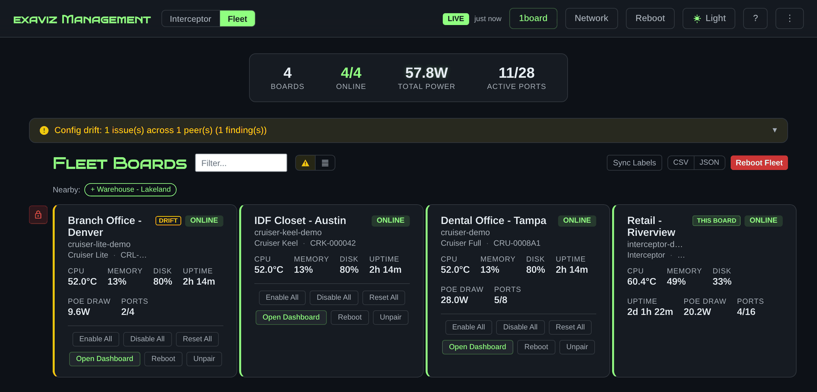 Exaviz Management fleet view with four paired boards